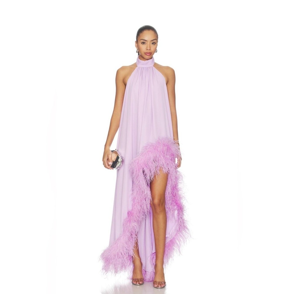 NWOT Bronx Banco Madeline Halterneck Dark Lilac Evening Gown w/ Feather Trim
